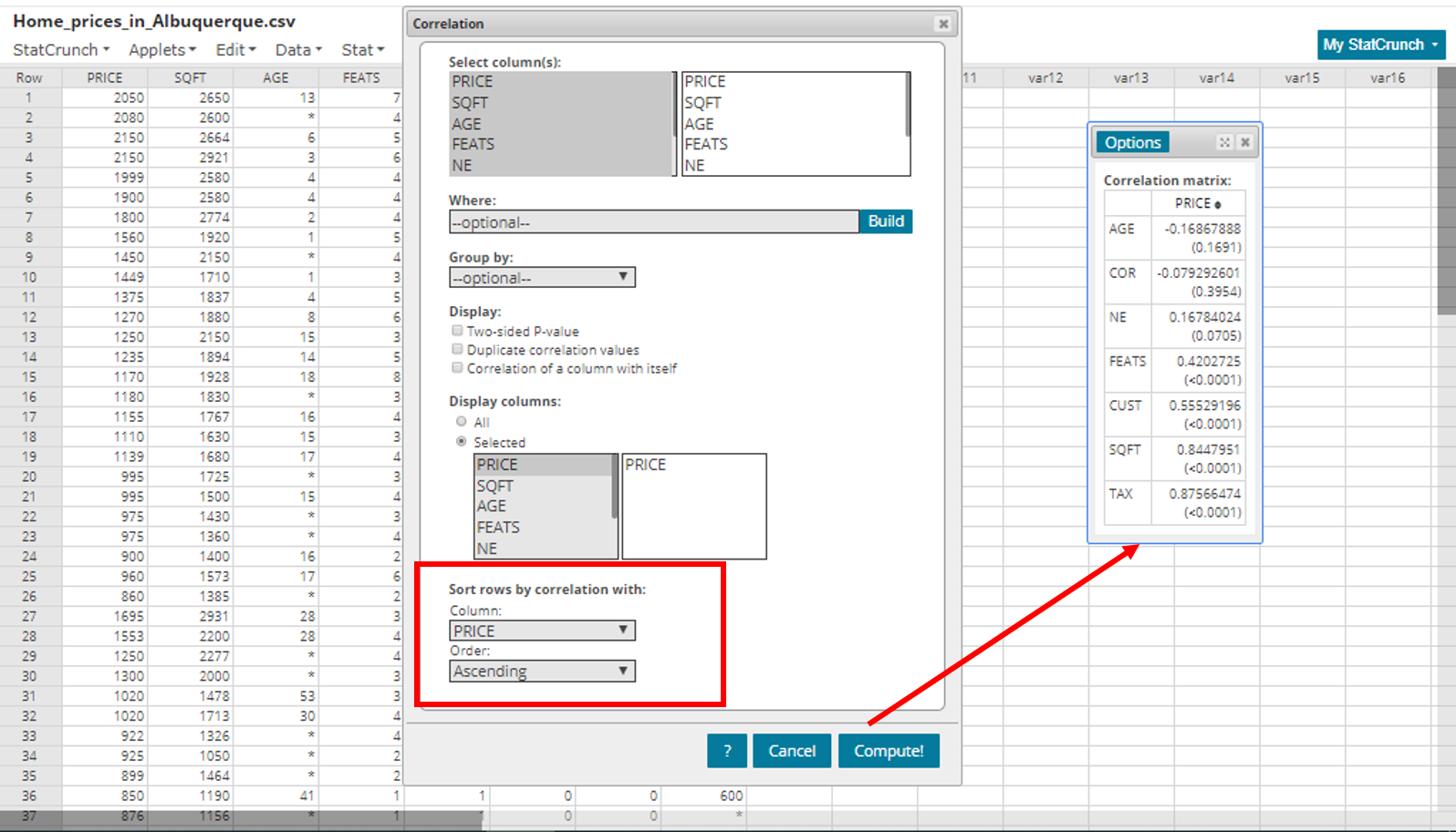 Computing correlations between columns