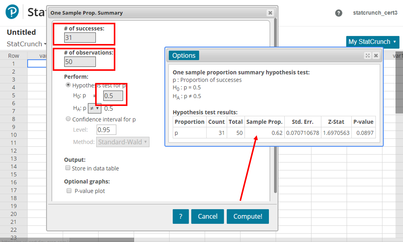 how to create a hypothesis test in statcrunch