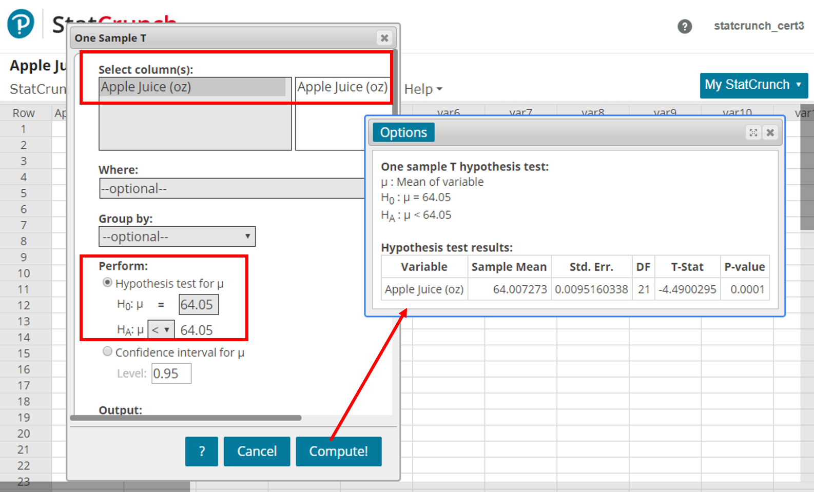 hypothesis test mean statcrunch